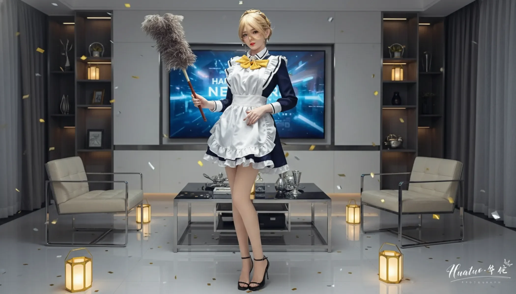 女仆站在客厅中直勾勾凝望着你